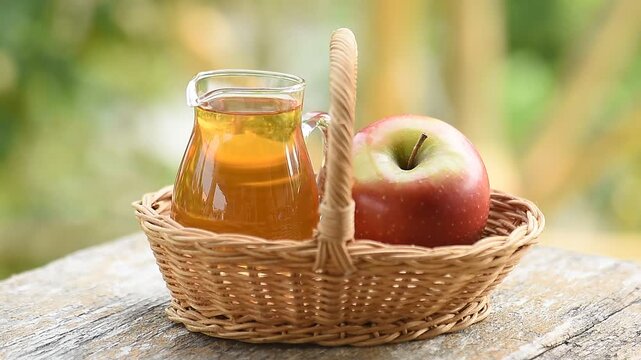 Apple and Apple Cider Vinegar on natural background.