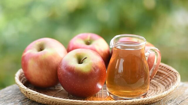 Apple and Apple Cider Vinegar on natural background.