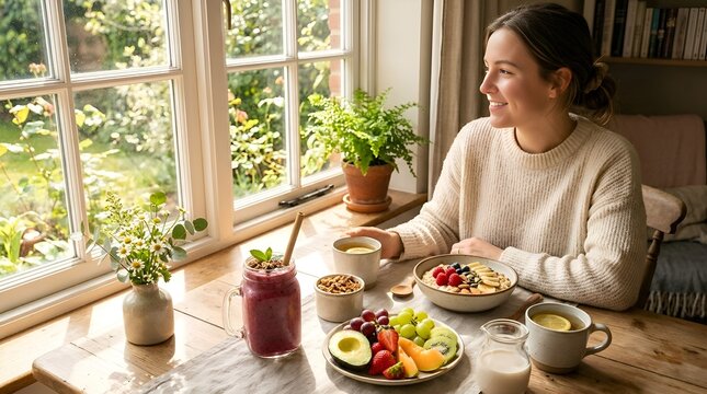 Happy young woman enjoying a nutritious breakfast bowl and fruit platter at a sunny morning table
