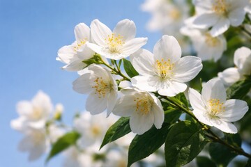 Fototapeta premium Close up of jasmine flowers over bright blue sky with gentle shadow background for design