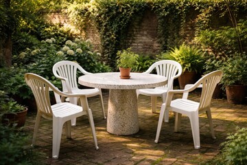 Fototapeta premium Serene outdoor garden with four empty white plastic chairs around terrazzo table and small plant in tranquil brick courtyard