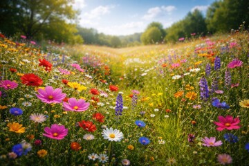 Fototapeta premium Colorful blossoms spread across a sunny meadow highlighting nature's charm