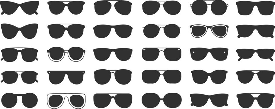 Sunglasses silhouettes collection set, various eyewear styles icons, fashion accessory vector illustration, modern minimal design, black shapes isolated background