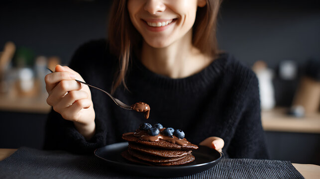 Happy woman enjoy delicious chocolate pancakes with blueberries and sweet topping. Young female smile with pleasure enjoy dessert