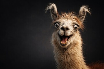 Fototapeta premium Comical llama with a goofy face showing a silly expression on a dark backdrop with copy space