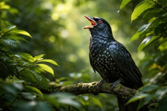Koyal bird vocalizing joyfully in dense green foliage