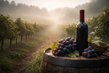 Fototapeta premium Foggy vineyard landscape with wine bottle and fresh grapes featuring copy space