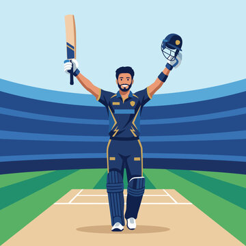 An animated cricketer raises his bat in celebration of a victory at a vibrant cricket stadium, capturing the spirit of sportsmanship, achievement, and excitement.