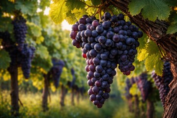 Fototapeta premium Cluster of Corvina Veronese grapes ripening on a dense vine in a lush vineyard