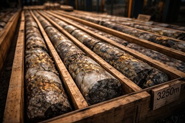 Gold mine core rock specimens arranged in a storage unit showcasing natural geological formations and drilling industry characteristics