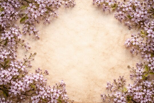 Square aged paper backdrop decorated with delicate pale lilac Melia azedarach flowers and copy space