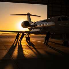 Fototapeta premium Ground crew pushing private jet out of hangar at sunrise.