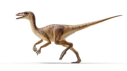 Fototapeta premium Gallimimus dinosaur running fast in dynamic stride, realistic prehistoric animal isolated on white background with copy space