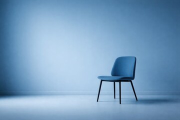 Fototapeta premium Minimalistic blue chair positioned in an empty blue room with ample copy space