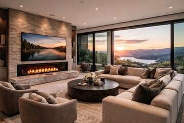 Obraz premium Elegant living room featuring a cozy fireplace and modern television with spacious seating and panoramic view