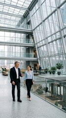 Fototapeta premium Professional business colleagues walking and talking in a modern corporate office atrium with glass architecture