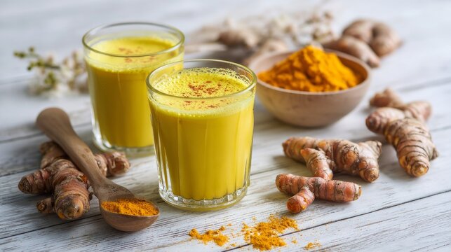 Golden turmeric drinks and roots sat on a white wooden surface, arranged for a photo.