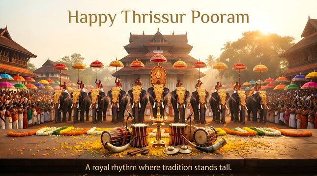Kerala Pooram Festival with Decorated Elephants and Temple