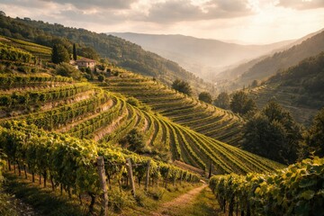 Fototapeta premium Expansive vineyard terraces bathed in soft afternoon light