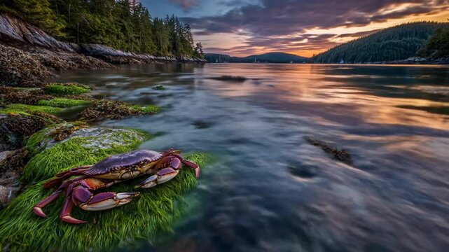 Vibrant crab on mossy rocks at the tranquil ocean shore, with a colorful sunset over a calm bay and forested coastline.