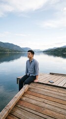 Fototapeta premium Young Asian man sitting on a wooden pier by a calm lake with mountain views