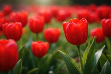 Fototapeta premium Close perspective of bright red tulip blossoms on a dense flowerbed including copy space