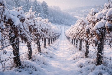 Fototapeta premium Snow blanketing grapevines in a serene winter vineyard setting