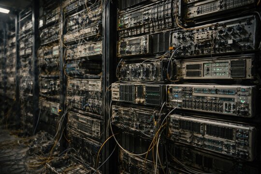 Detailed image of numerous redundant servers with aging computer components