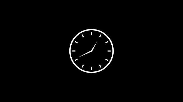 Analog clock 24 hour day fast speed round clock with rotating animation on black background. Twelve hours clock run time arrows animation.