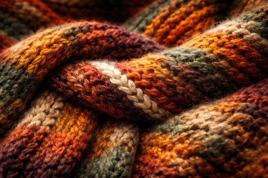 Close up of knitted yarn texture in autumn colors for cozy scarf background