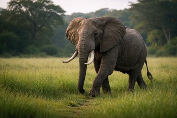 Fototapeta premium Full length view of an elephant bull strolling through a lush green grassland