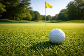 Obraz premium Flag visible behind golf ball on vibrant grassy golf course