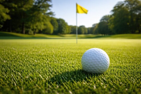Flag visible behind golf ball on vibrant grassy golf course