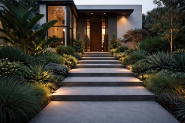 Obraz premium Upgraded modern home entry showcasing gray plaster steps amid dense landscaping