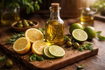 Fototapeta premium Fresh olive oil bottle near sliced lemon and lime on wooden chopping board