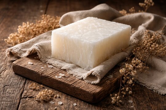 Rustic wooden board featuring a block of paraffin wax with soft fabric and dried floral accents