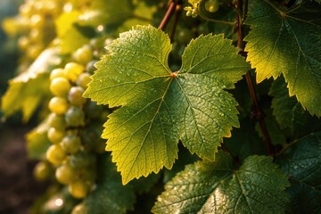 Fototapeta premium Macro view of vineyard grape leaves used in winemaking process
