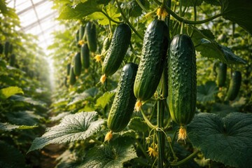 Fototapeta premium Greenhouse cultivated cucumbers ripening on healthy vines