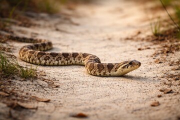 Obraz premium Full length view of a juvenile Southern Hognose snake slithering across sandy path
