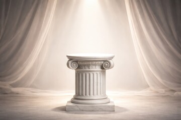 Naklejka premium Showcase stand shaped like ionic pillar with light backdrop and copy space for item promotion artwork