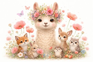 Fototapeta premium Whimsical artistic depiction of a flower crowned llama in a childlike motif surrounded by wild creatures on a white backdrop with soft pink poppies