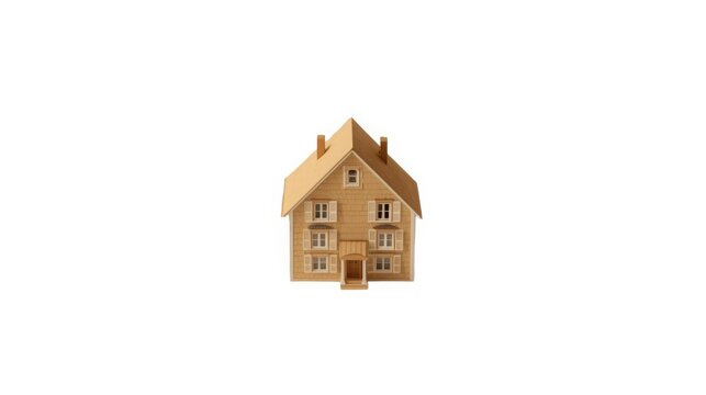 A small intricately designed wooden house model with a triangular roof and multiple windows stands alone on a white background showcasing detailed architecture