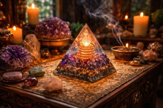 Small Orgonite pyramid altar placed indoors to enhance positive healing energy flow