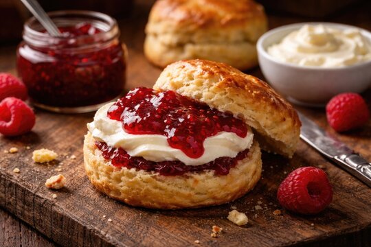 Traditional scone spread with raspberry jam and clotted cream resting on a wooden surface