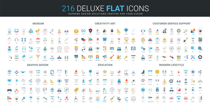 Comprehensive flat icon set covering museum, creativity, customer support, graphic design, education, and modern lifestyle themes, ideal for diverse digital projects isolated vector illustration