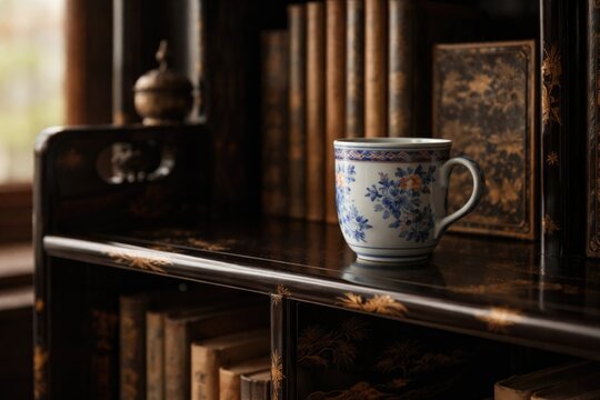 Japanese lacquer bookshelf with antique Tobe ware mug and soft focused studio background