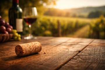 Fototapeta premium Wine cork resting on textured wooden table with blurred vineyard scenery copy space