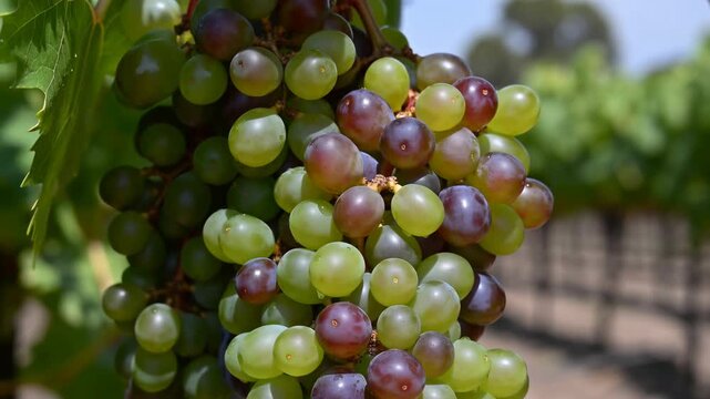 Vineyard Grape Closeup. Close View Of Vibrant Grapes Transitioning From Green To Purple In Sunlight