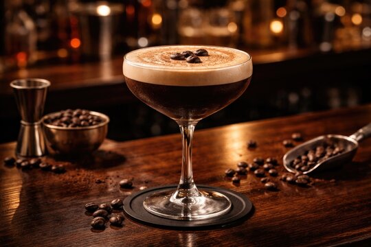 Dark wooden bar setting with a coffee cocktail infused with coffee flavors and bean garnish