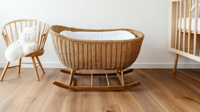 Bright and natural nursery Wicker rocking bassinet, wooden chair with plush toy and crib detail on hardwood floor. Cozy, minimalist baby room concept., Newborn, Peaceful